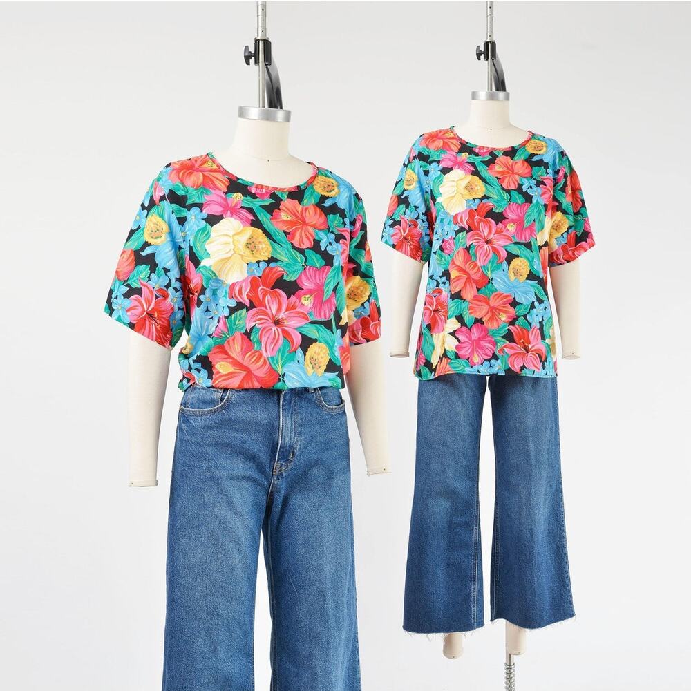 Vintage 80s Tropical Floral Blouse Colorful Hawaiian Print Short Sleeve Top M